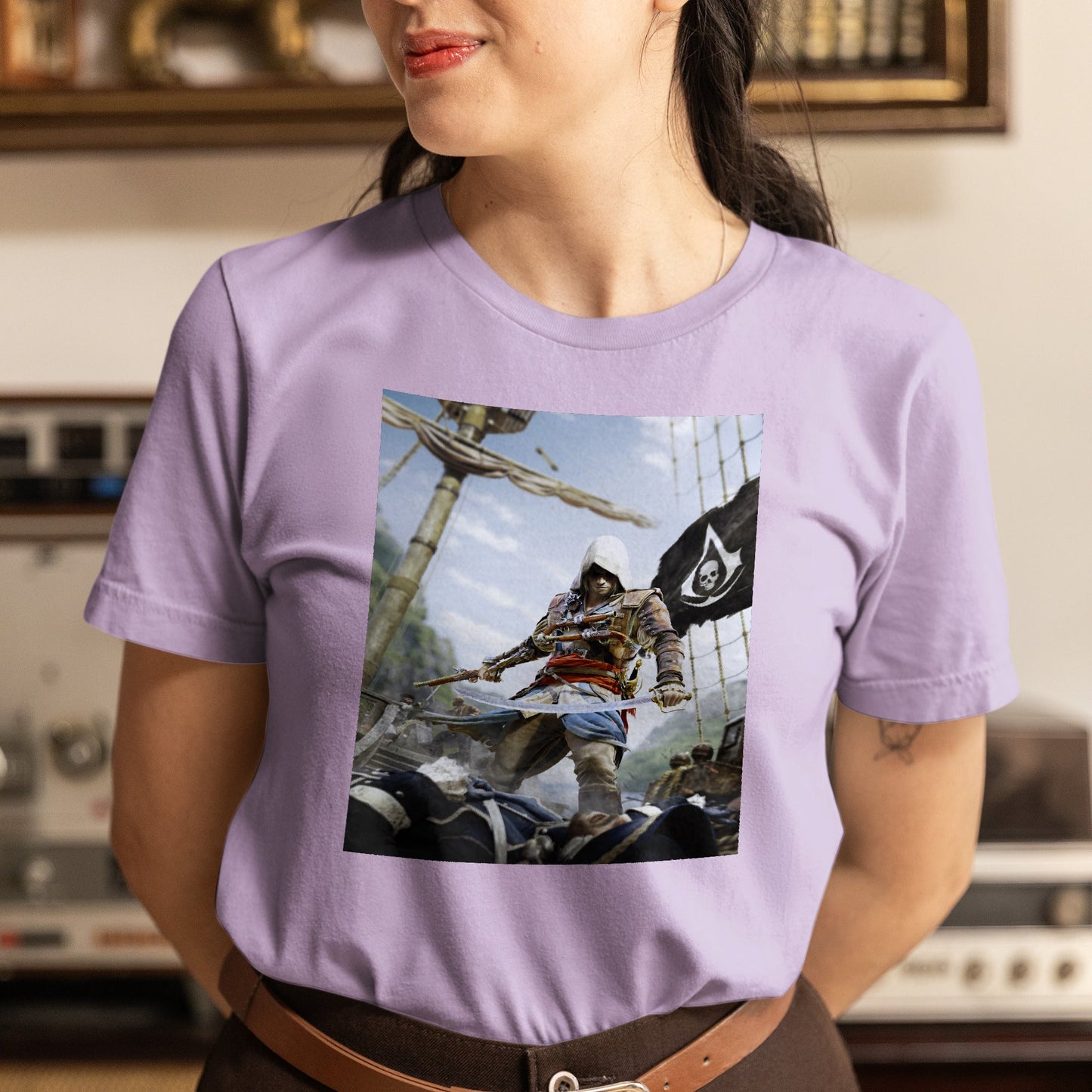 Assassin's Creed IV Black Flag box art tee worn by a model, violet