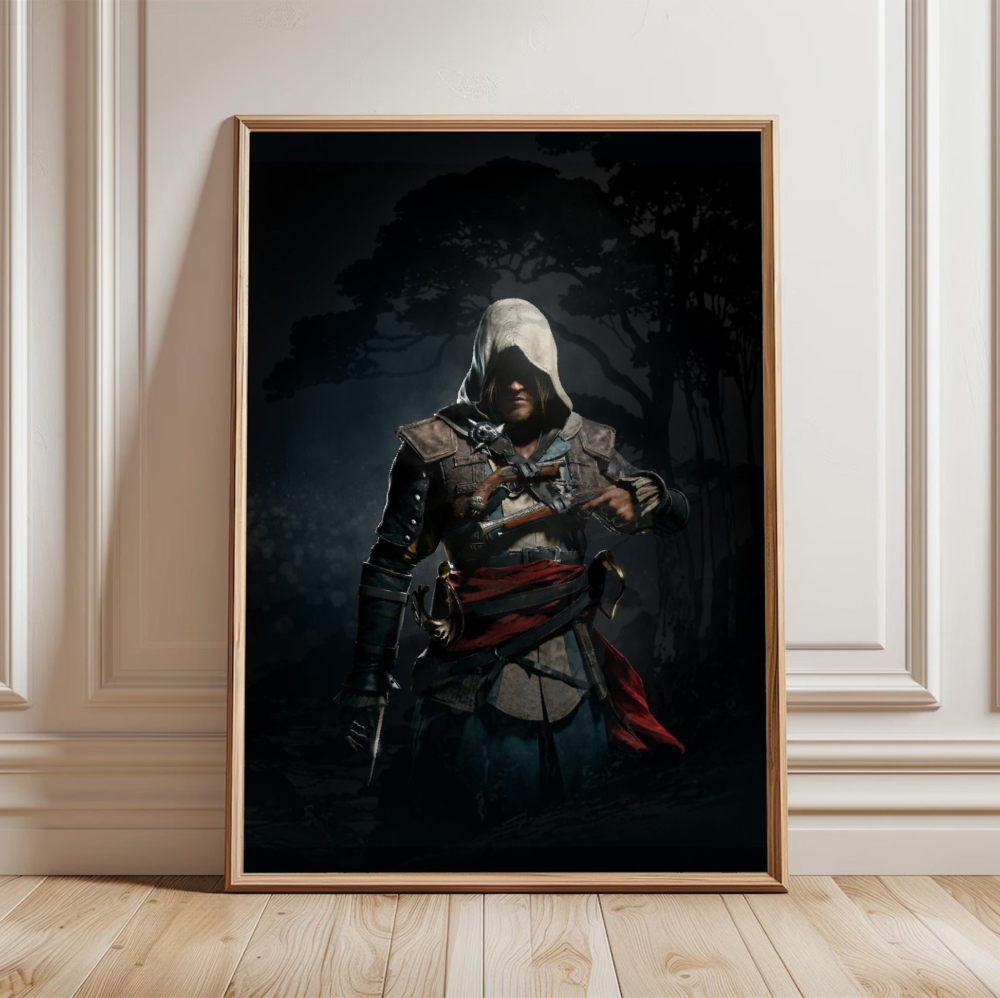 Assassin's Creed IV Black Flag Edward Kenway art in a light oak frame leaning against a white wall