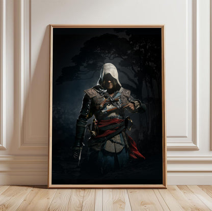 Assassin's Creed IV Black Flag Edward Kenway art in a light oak frame leaning against a white wall