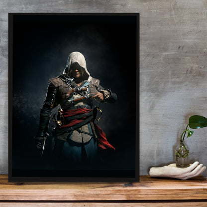 Assassin's Creed IV Black Flag Edward Kenway art in a black frame on a wooden shelf against concrete