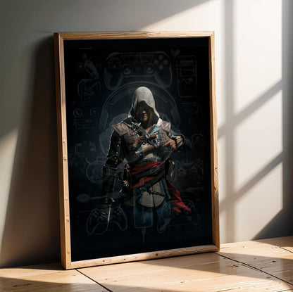 Assassin's Creed IV Black Flag Edward Kenway art in an oak frame leaning on a wooden floor