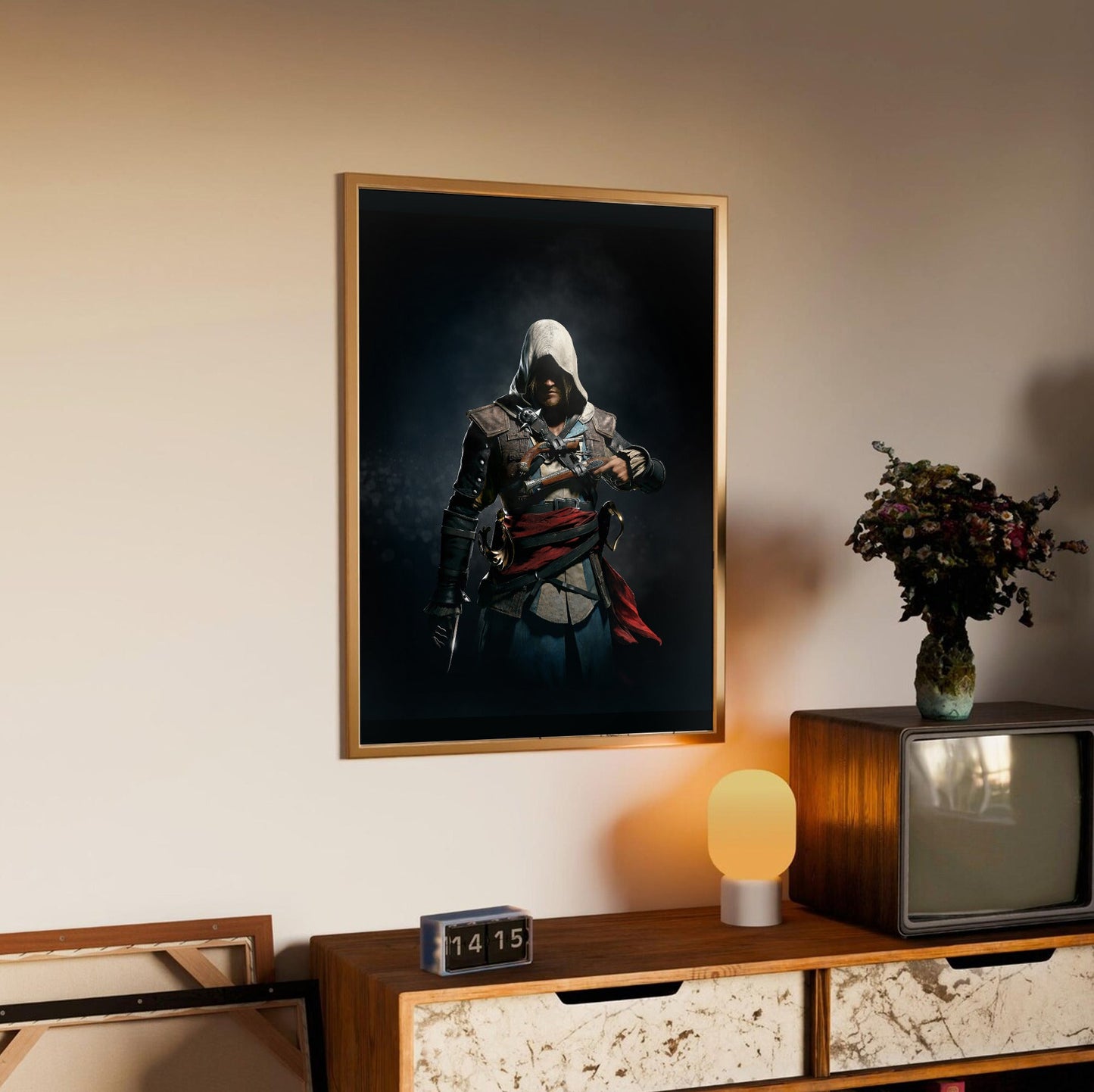 Assassin's Creed IV Black Flag Edward Kenway art in an oak frame above a sideboard