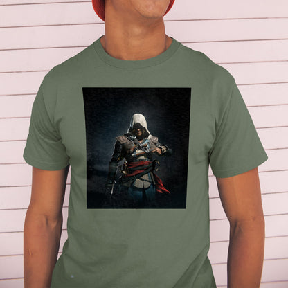 Assassin's Creed IV Black Flag Edward Kenway tee worn by a model in a cap, green