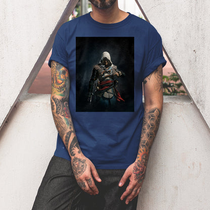 Assassin's Creed IV Black Flag Edward Kenway tee worn by a model, navy