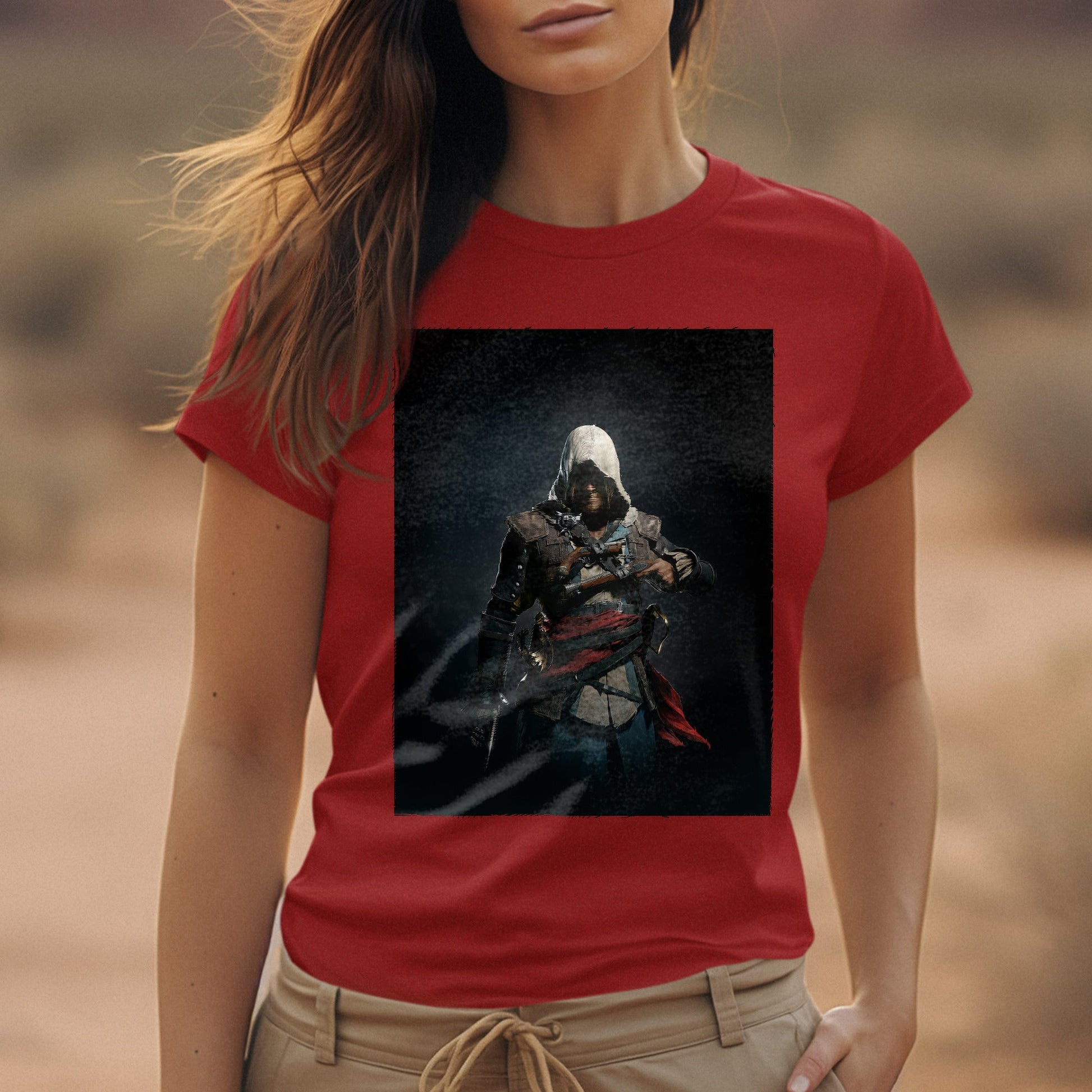Assassin's Creed IV Black Flag Edward Kenway tee worn by a model, red