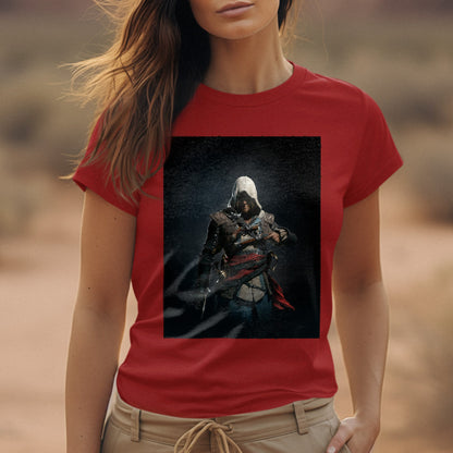 Assassin's Creed IV Black Flag Edward Kenway tee worn by a model, red