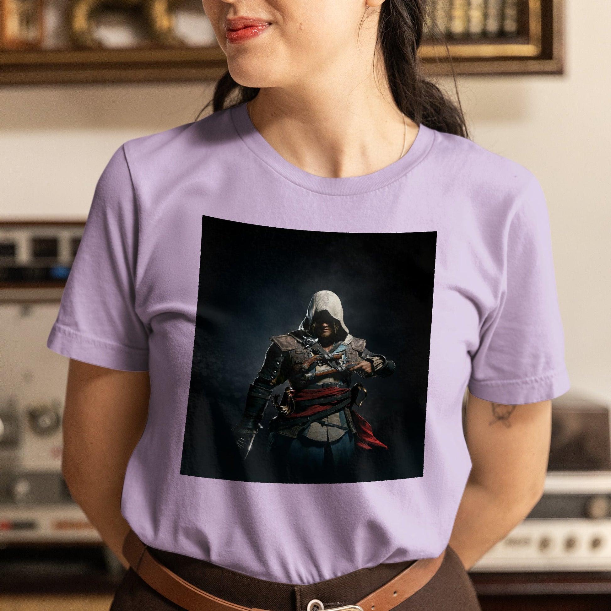 Assassin's Creed IV Black Flag Edward Kenway tee worn by a model, violet