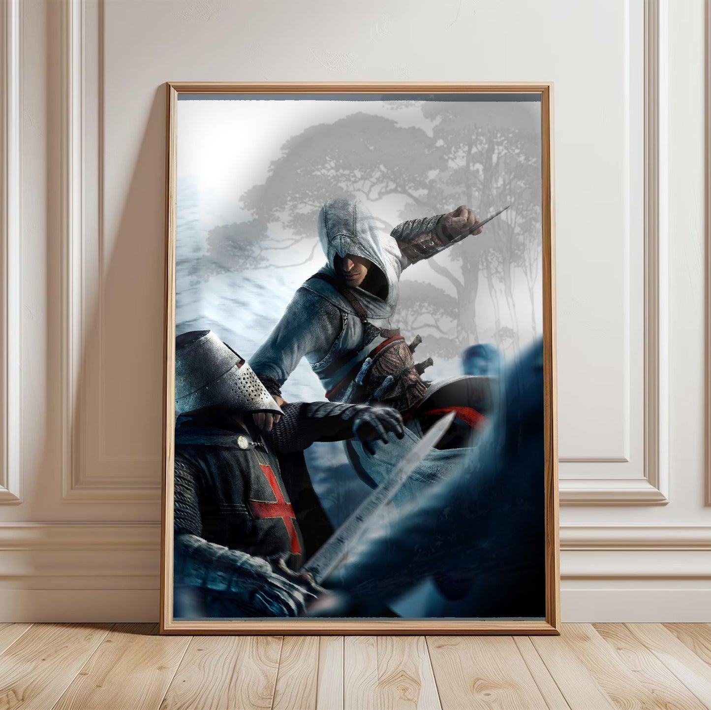 Assassin's Creed leap of faith eagle strike art in a light oak frame leaning against a white wall