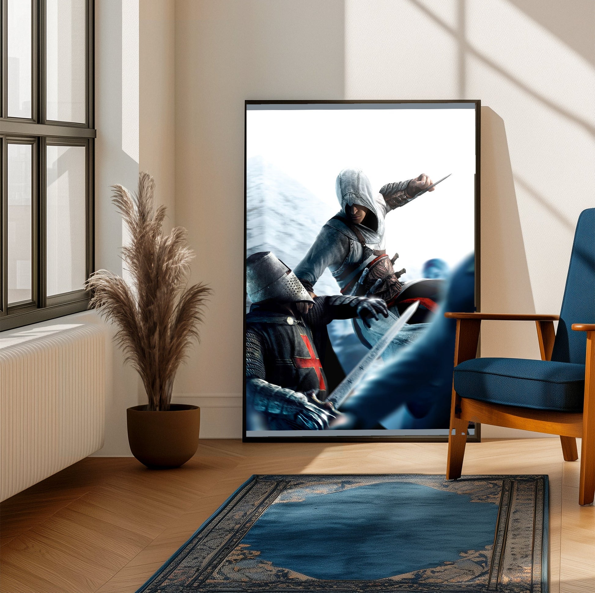 Assassin's Creed leap of faith eagle strike art framed beside a blue armchair in a sunlit room