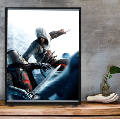 Assassin's Creed leap of faith eagle strike art in a black frame on a wooden shelf against concrete