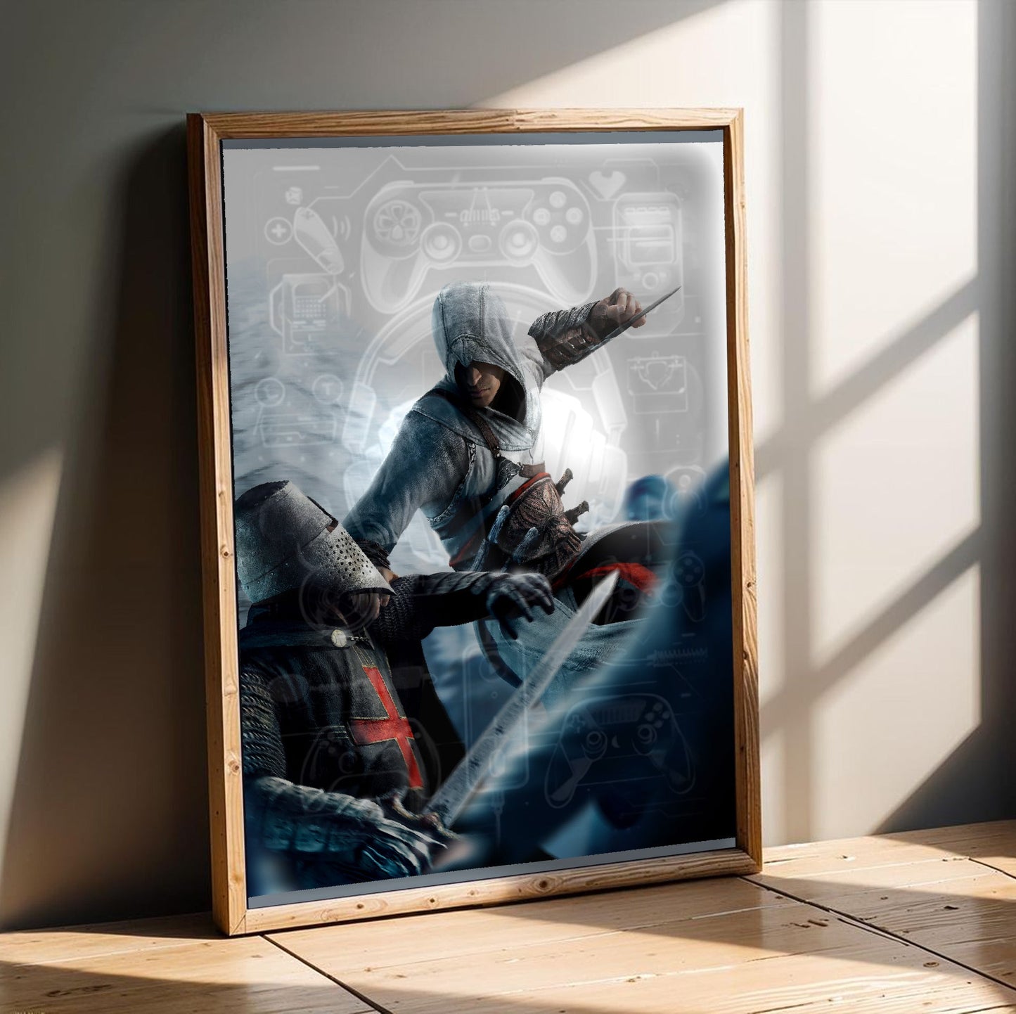 Assassin's Creed leap of faith eagle strike art in an oak frame leaning on a wooden floor