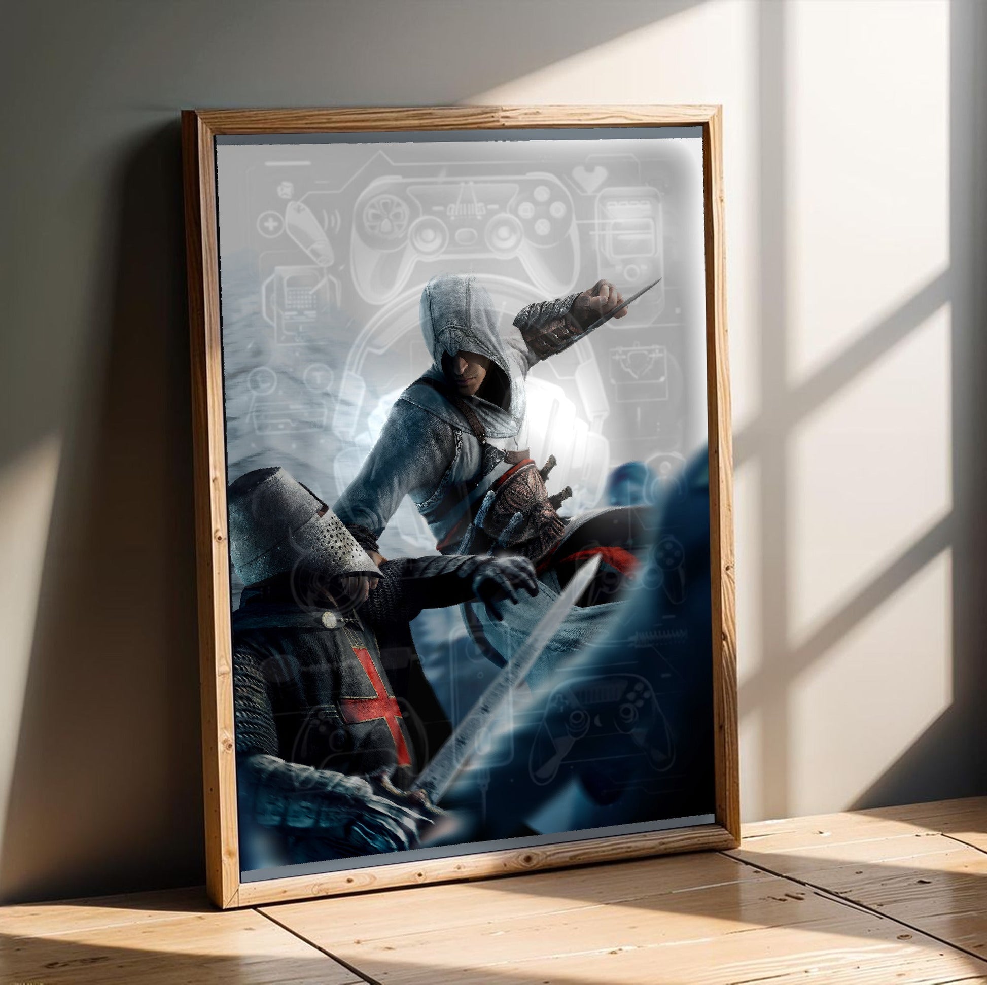 Assassin's Creed leap of faith eagle strike art in an oak frame leaning on a wooden floor