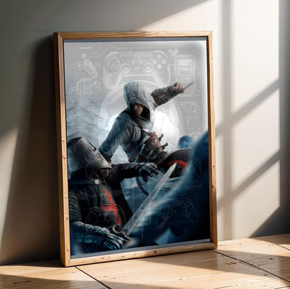 Assassin's Creed leap of faith eagle strike art in an oak frame leaning on a wooden floor
