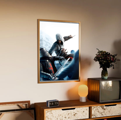 Assassin's Creed leap of faith eagle strike art in an oak frame above a sideboard