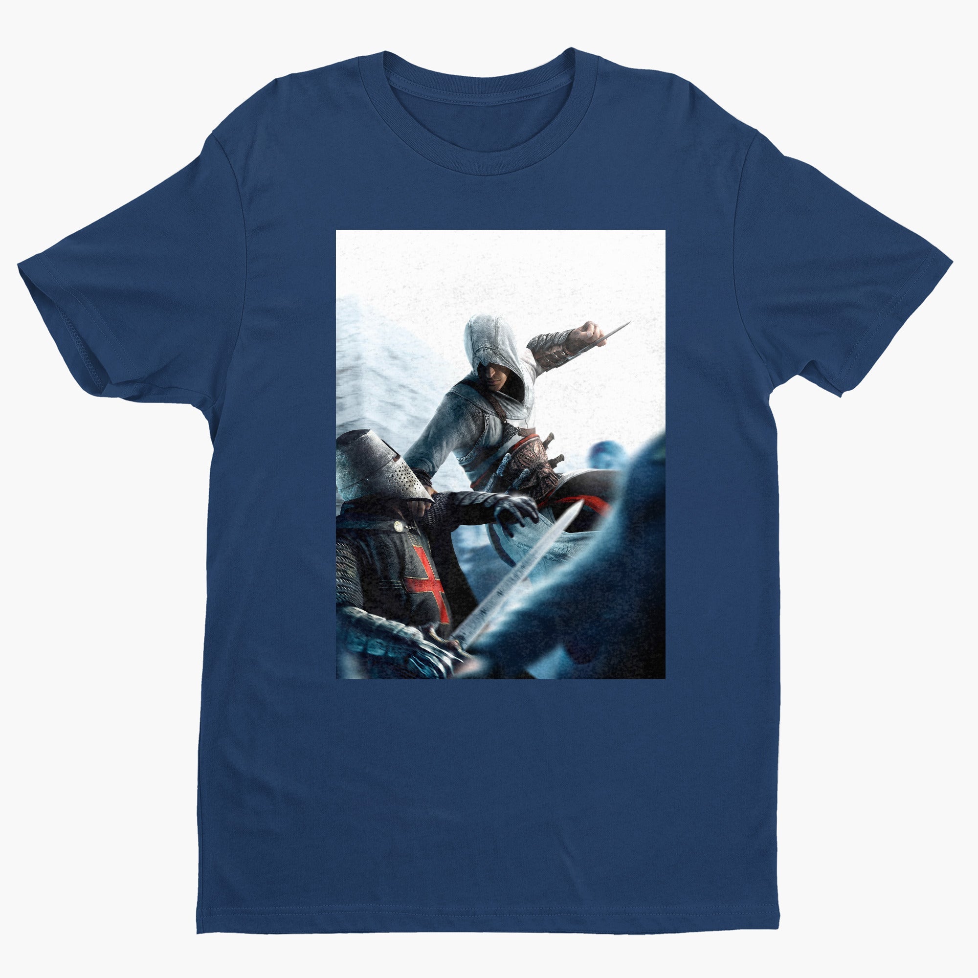 Assassin's Creed assassin vs Templar concept art tee - navy unisex t-shirt, front view
