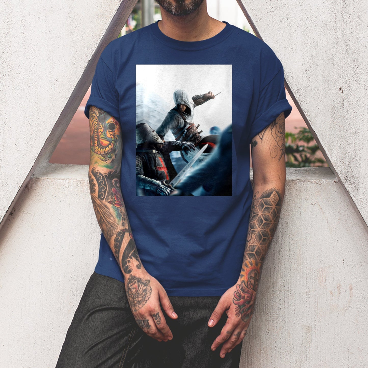 Assassin's Creed assassin vs Templar concept art tee worn by a model, navy