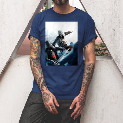 Assassin's Creed assassin vs Templar concept art tee worn by a model, navy