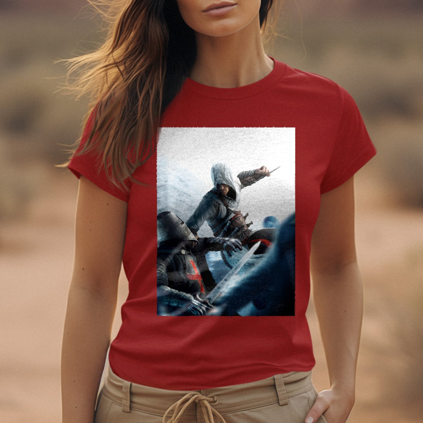Assassin's Creed assassin vs Templar concept art tee worn by a model, red