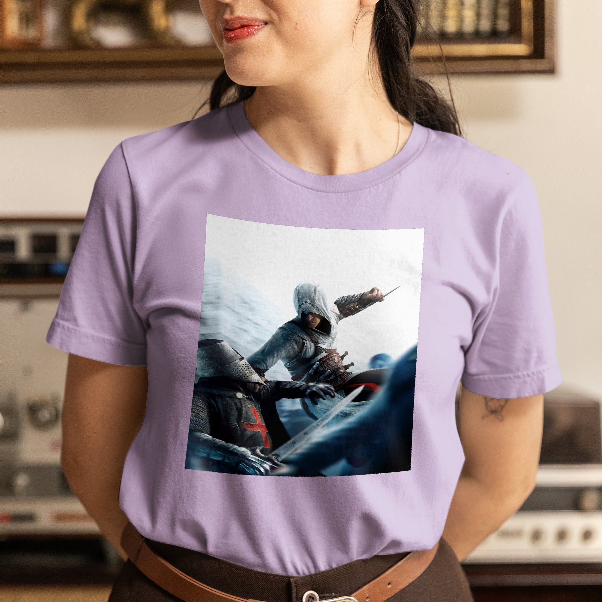 Assassin's Creed assassin vs Templar concept art tee worn by a model, violet