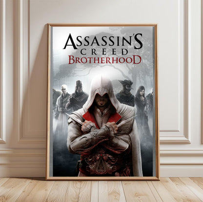Assassin's Creed Brotherhood cover art in a light oak frame leaning against a white wall