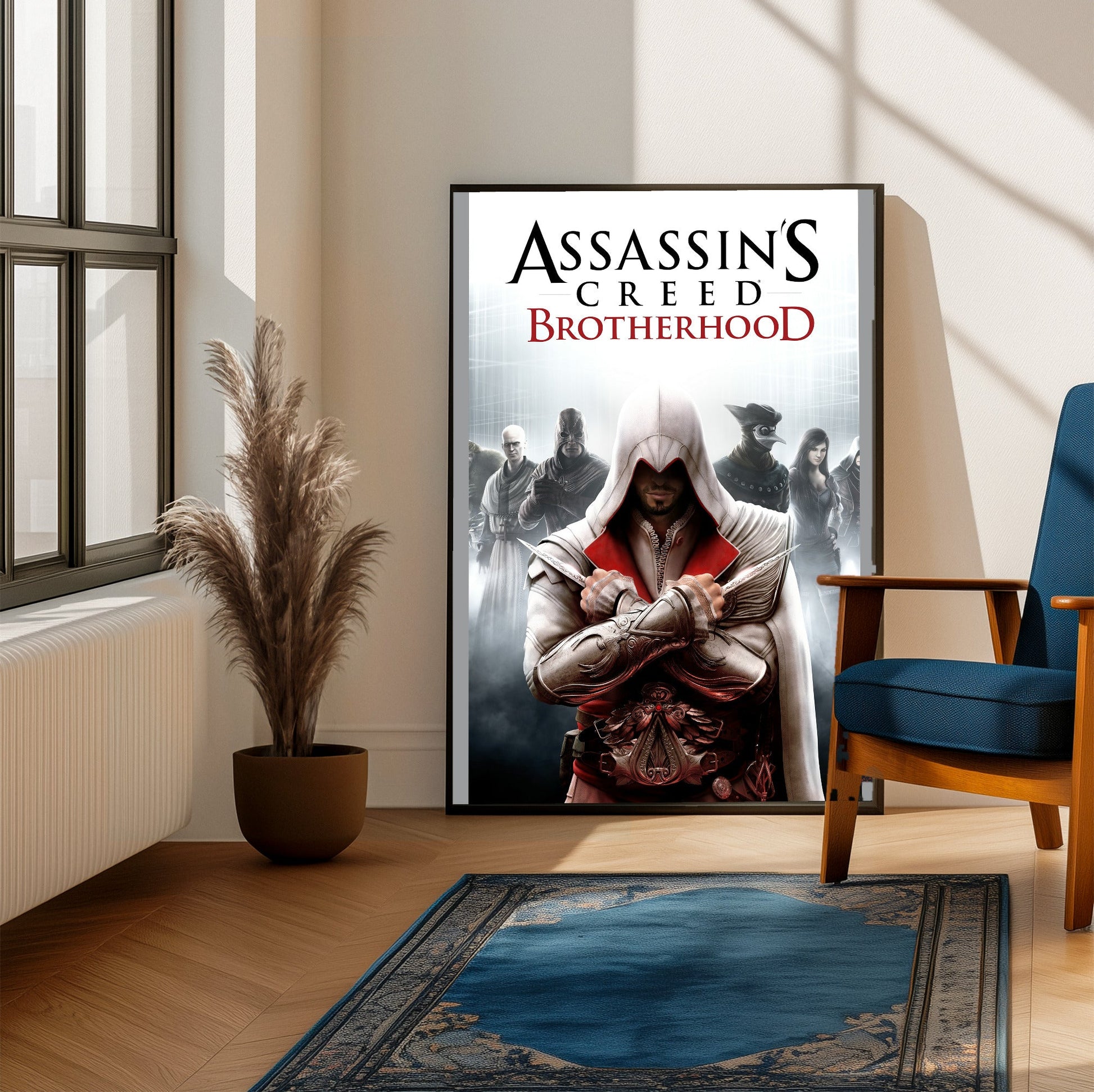 Assassin's Creed Brotherhood cover art framed beside a blue armchair in a sunlit room