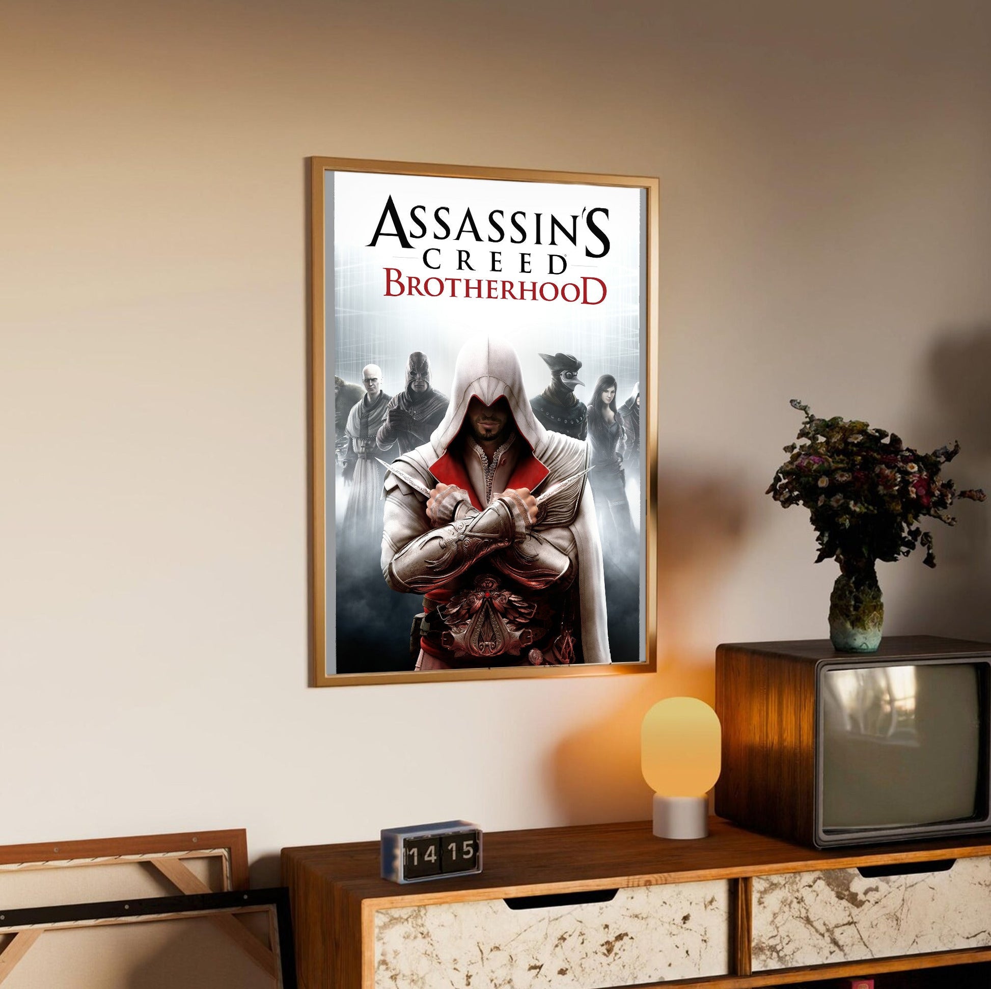 Assassin's Creed Brotherhood cover art in an oak frame above a sideboard