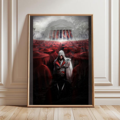 Assassin's Creed Brotherhood Ezio and the cardinals art in a light oak frame leaning against a white wall