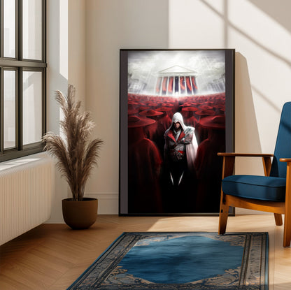Assassin's Creed Brotherhood Ezio and the cardinals art framed beside a blue armchair in a sunlit room