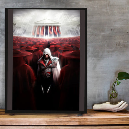 Assassin's Creed Brotherhood Ezio and the cardinals art in a black frame on a wooden shelf against concrete