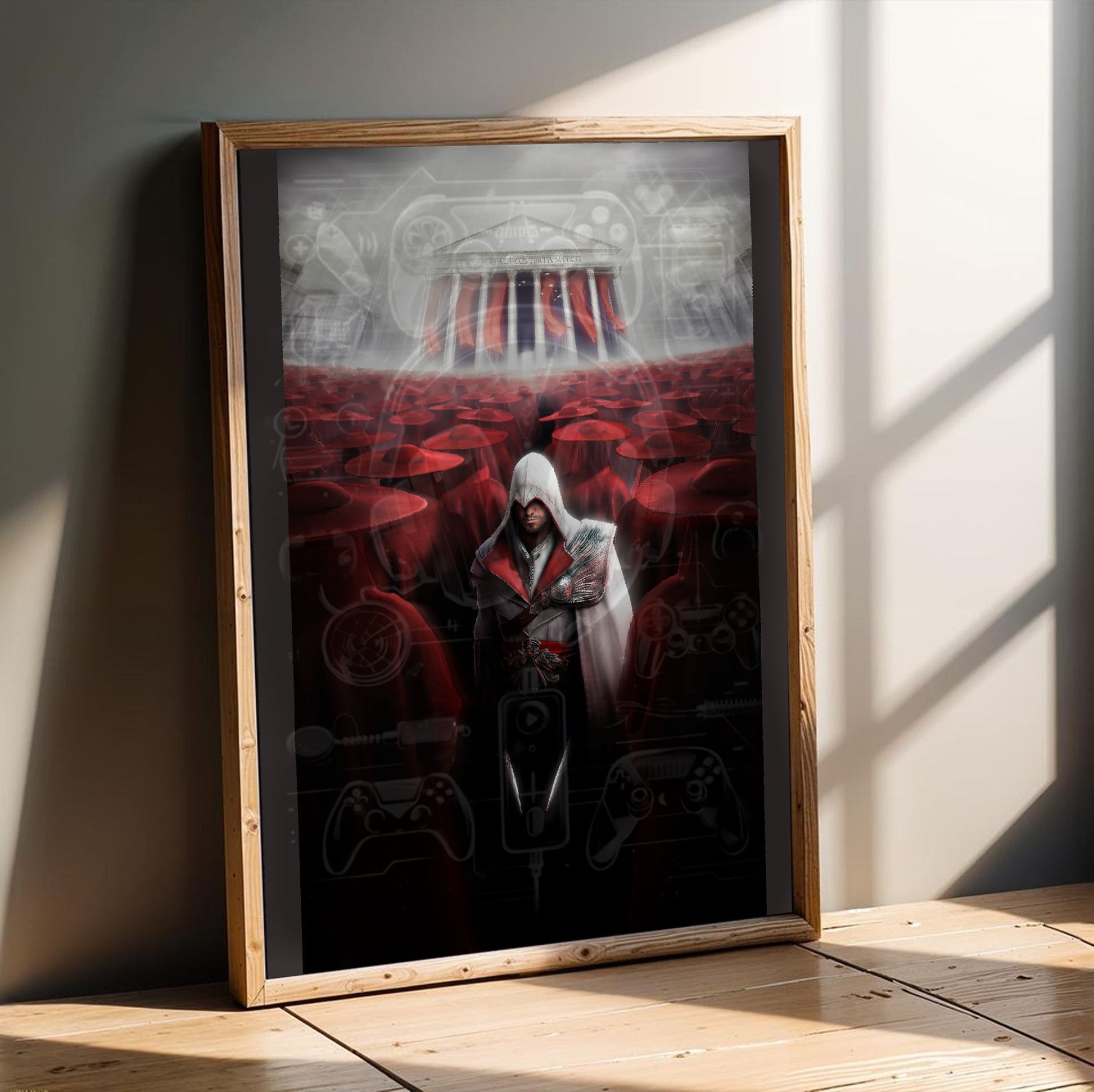 Assassin's Creed Brotherhood Ezio and the cardinals art in an oak frame leaning on a wooden floor