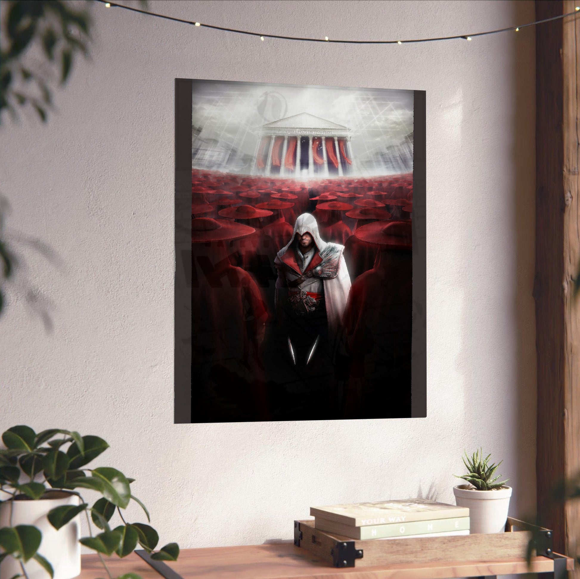 Assassin's Creed Brotherhood Ezio and the cardinals art unframed on a white wall above a desk