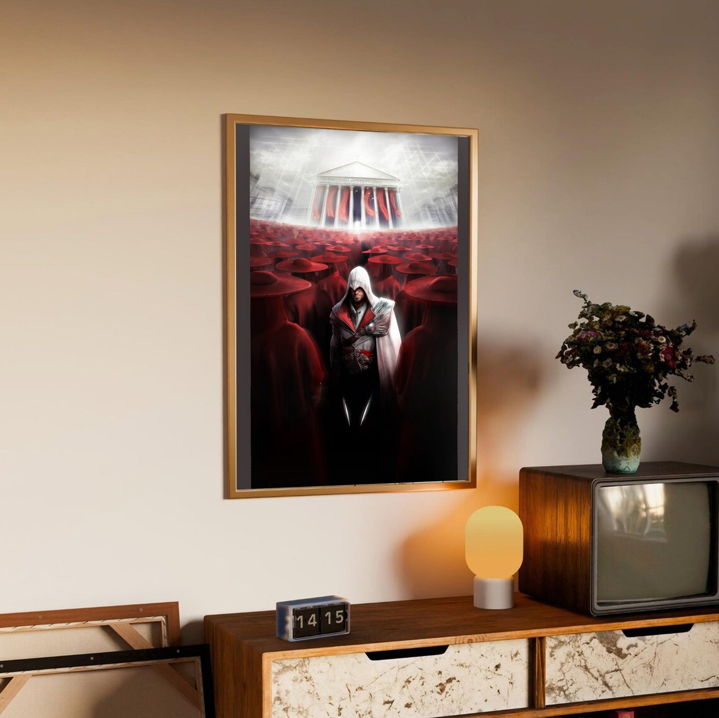 Assassin's Creed Brotherhood Ezio and the cardinals art in an oak frame above a sideboard