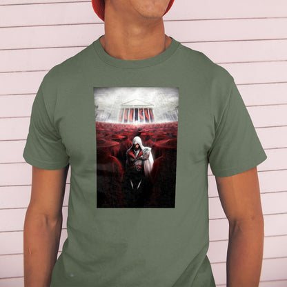 Assassin's Creed Brotherhood Ezio and the cardinals tee worn by a model in a cap, green