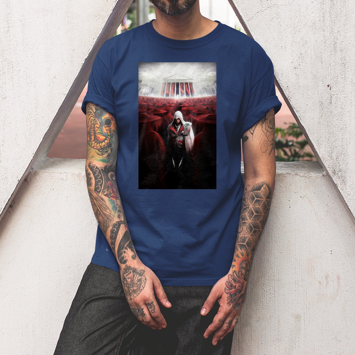 Assassin's Creed Brotherhood Ezio and the cardinals tee worn by a model, navy