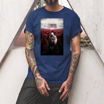 Assassin's Creed Brotherhood Ezio and the cardinals tee worn by a model, navy