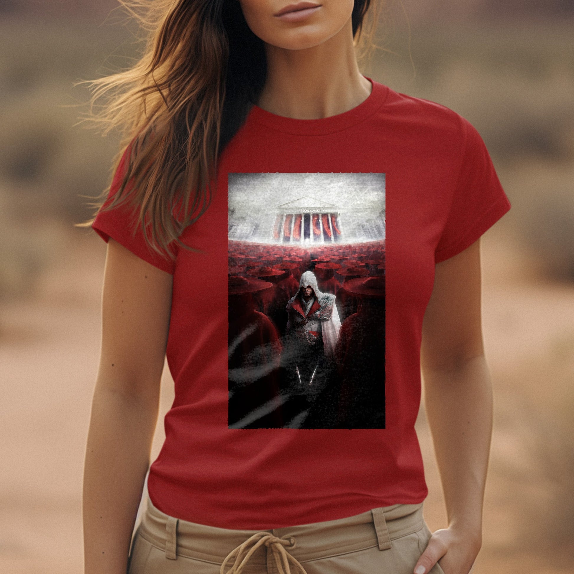 Assassin's Creed Brotherhood Ezio and the cardinals tee worn by a model, red