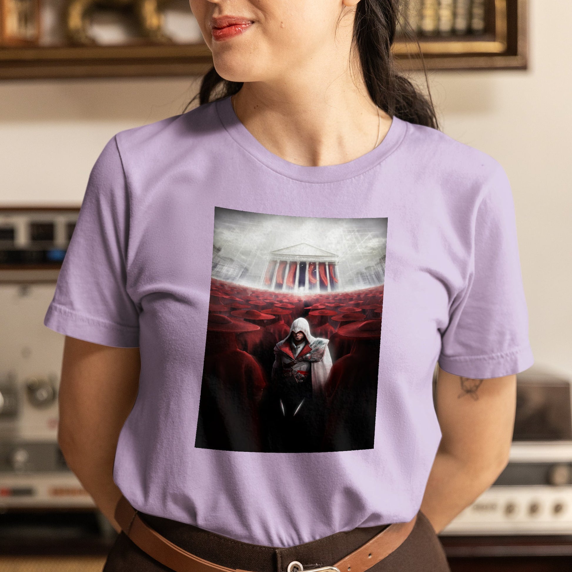 Assassin's Creed Brotherhood Ezio and the cardinals tee worn by a model, violet