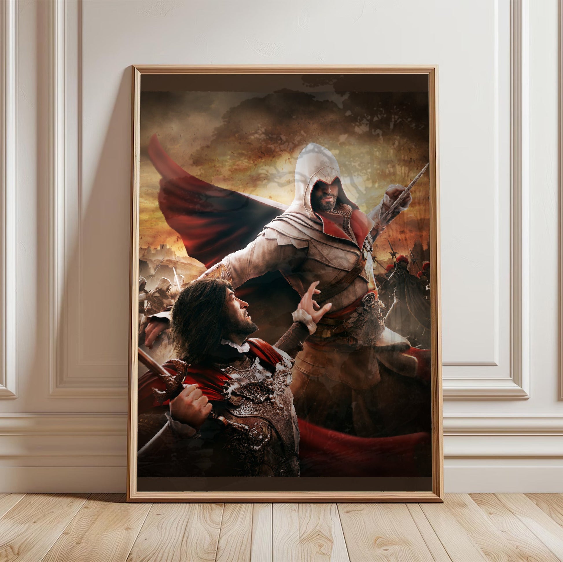 Assassin's Creed Brotherhood Ezio vs Cesare Borgia art in a light oak frame leaning against a white wall