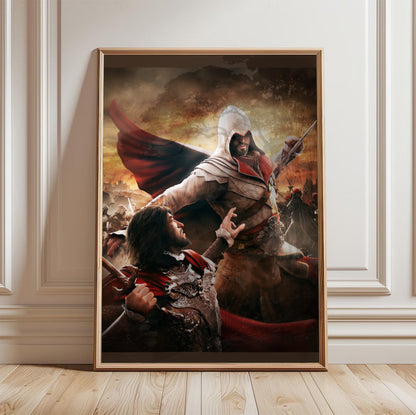 Assassin's Creed Brotherhood Ezio vs Cesare Borgia art in a light oak frame leaning against a white wall