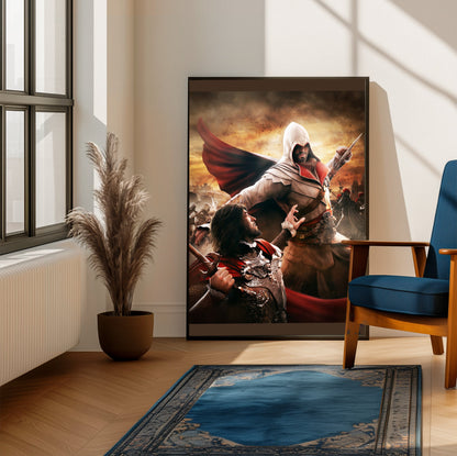 Assassin's Creed Brotherhood Ezio vs Cesare Borgia art framed beside a blue armchair in a sunlit room