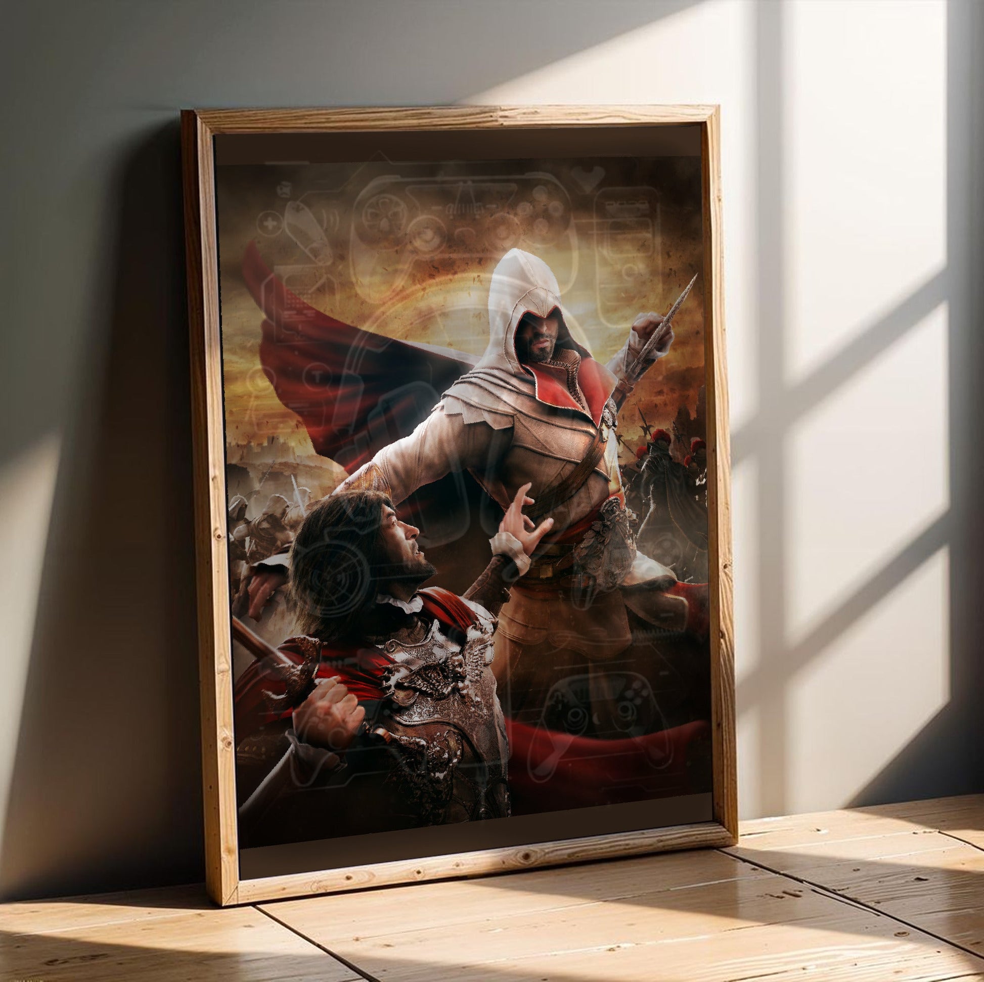 Assassin's Creed Brotherhood Ezio vs Cesare Borgia art in an oak frame leaning on a wooden floor