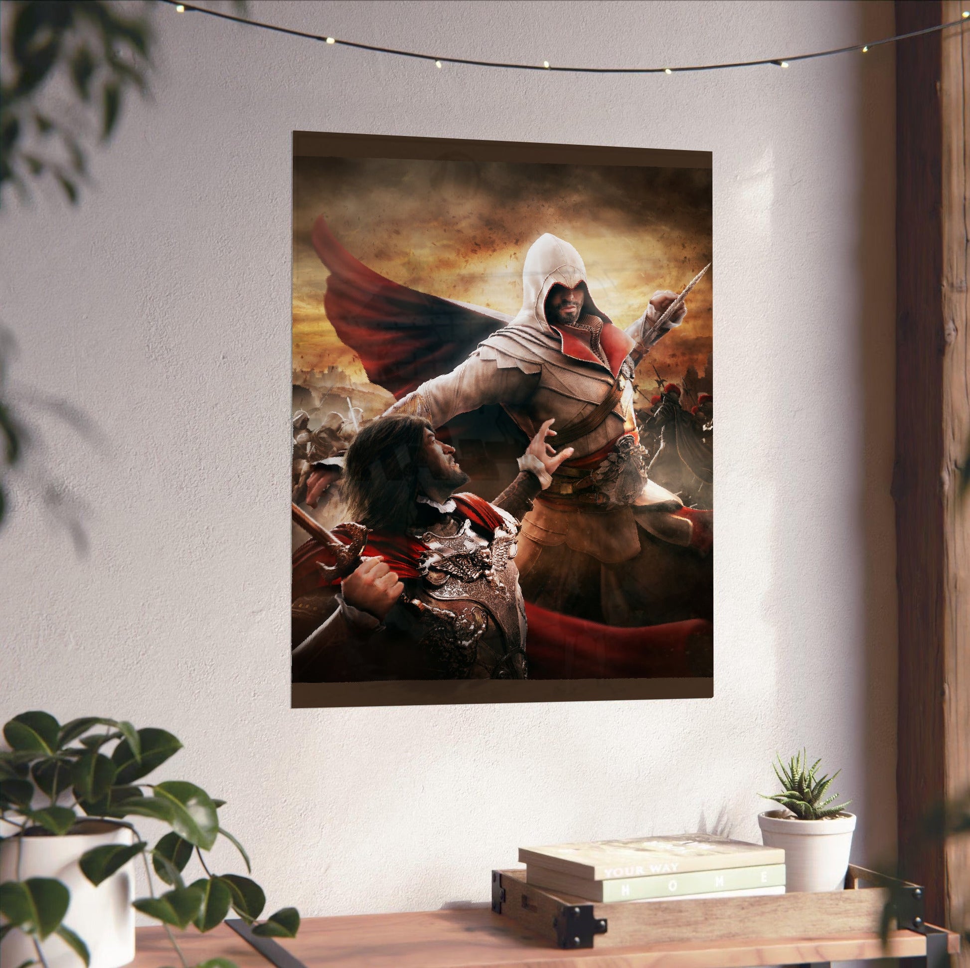 Assassin's Creed Brotherhood Ezio vs Cesare Borgia art unframed on a white wall above a desk