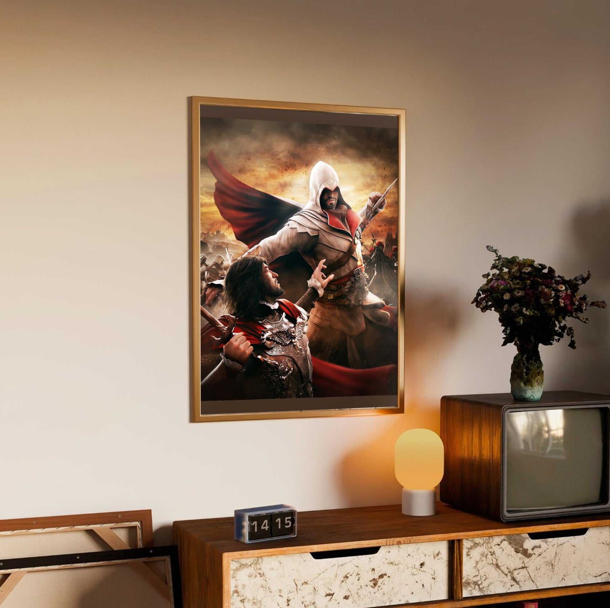 Assassin's Creed Brotherhood Ezio vs Cesare Borgia art in an oak frame above a sideboard
