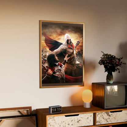 Assassin's Creed Brotherhood Ezio vs Cesare Borgia art in an oak frame above a sideboard