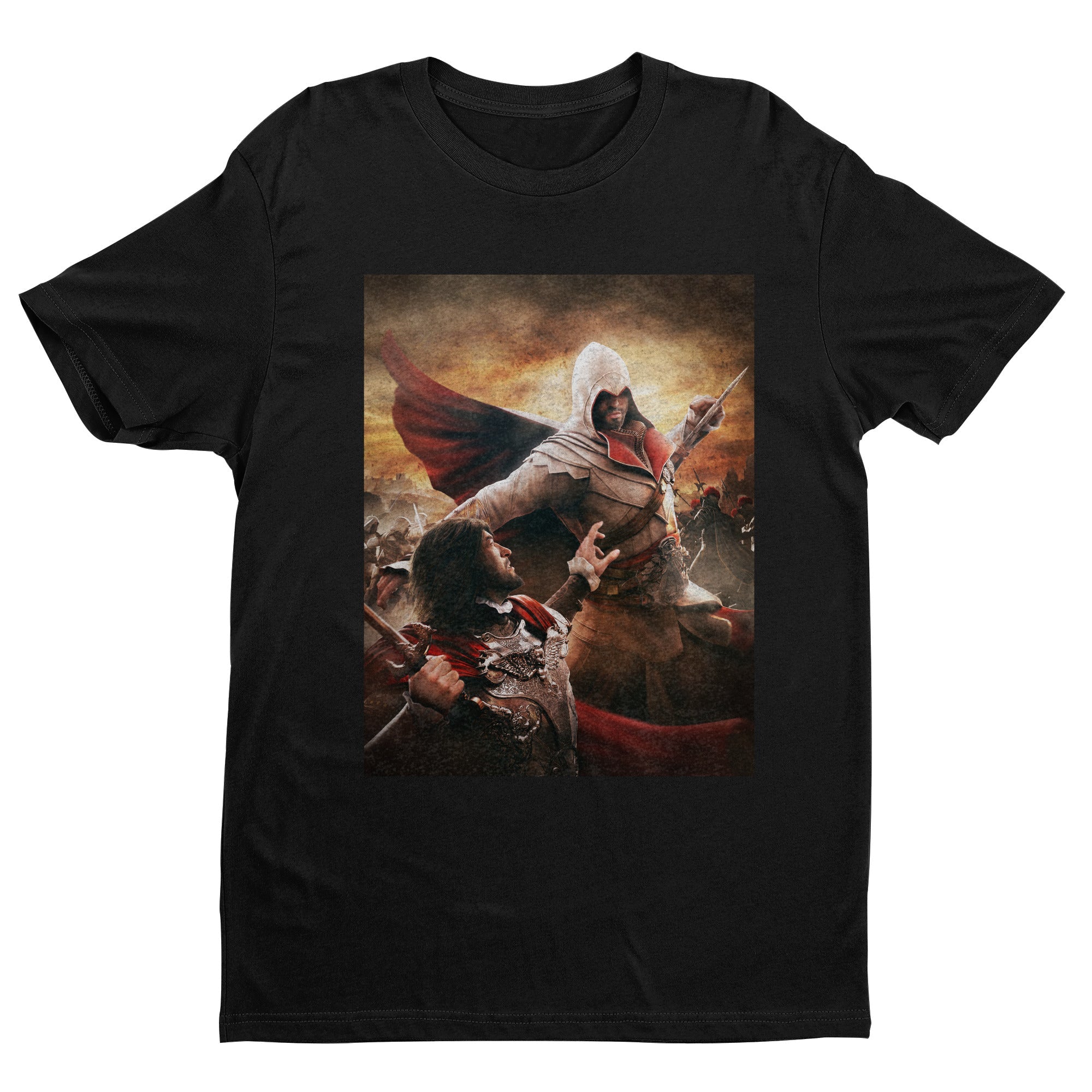 Assassin's Creed Brotherhood Ezio vs Cesare Borgia tee - black unisex t-shirt, front view