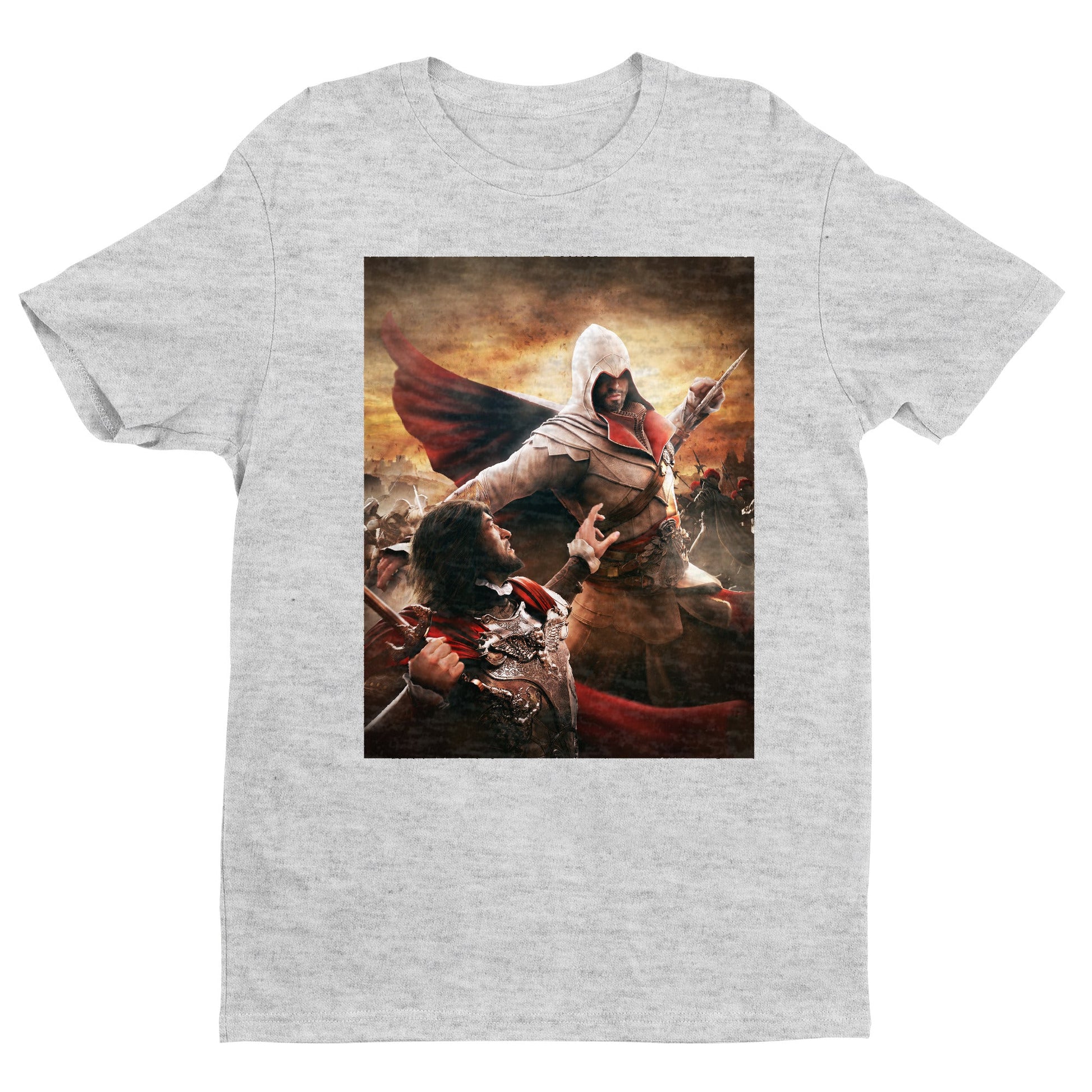Assassin's Creed Brotherhood Ezio vs Cesare Borgia tee - gray unisex t-shirt, front view