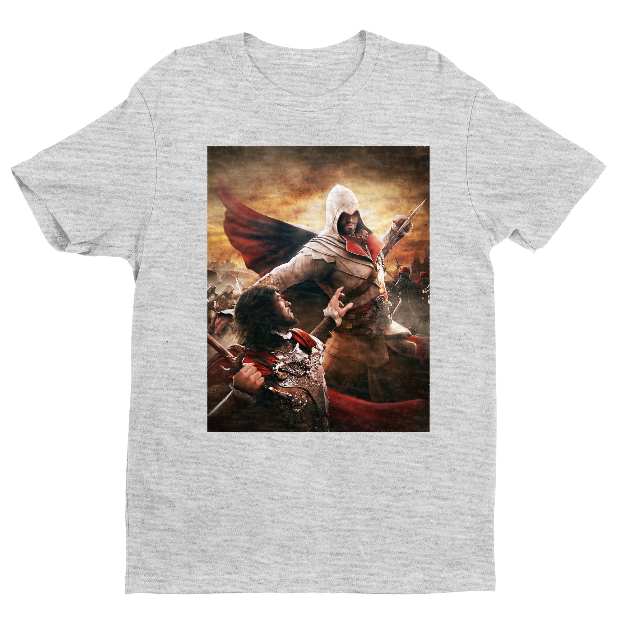 Assassin's Creed Brotherhood Ezio vs Cesare Borgia tee - gray unisex t-shirt, front view