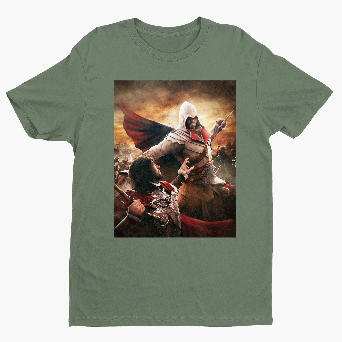 Assassin's Creed Brotherhood Ezio vs Cesare Borgia tee - green unisex t-shirt, front view