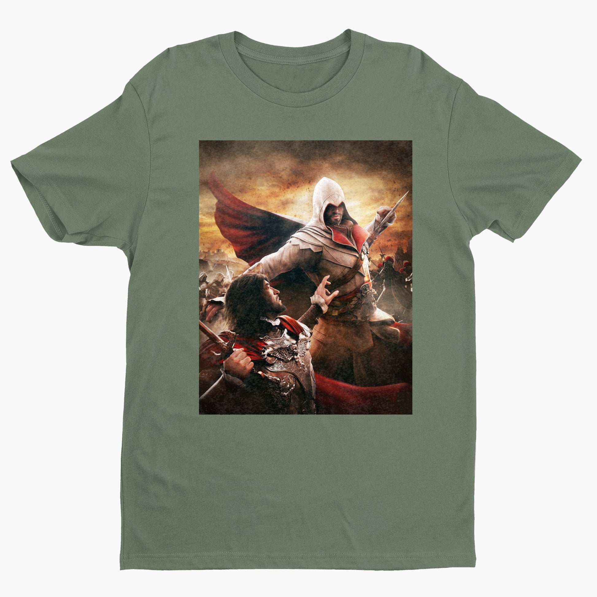 Assassin's Creed Brotherhood Ezio vs Cesare Borgia tee - green unisex t-shirt, front view