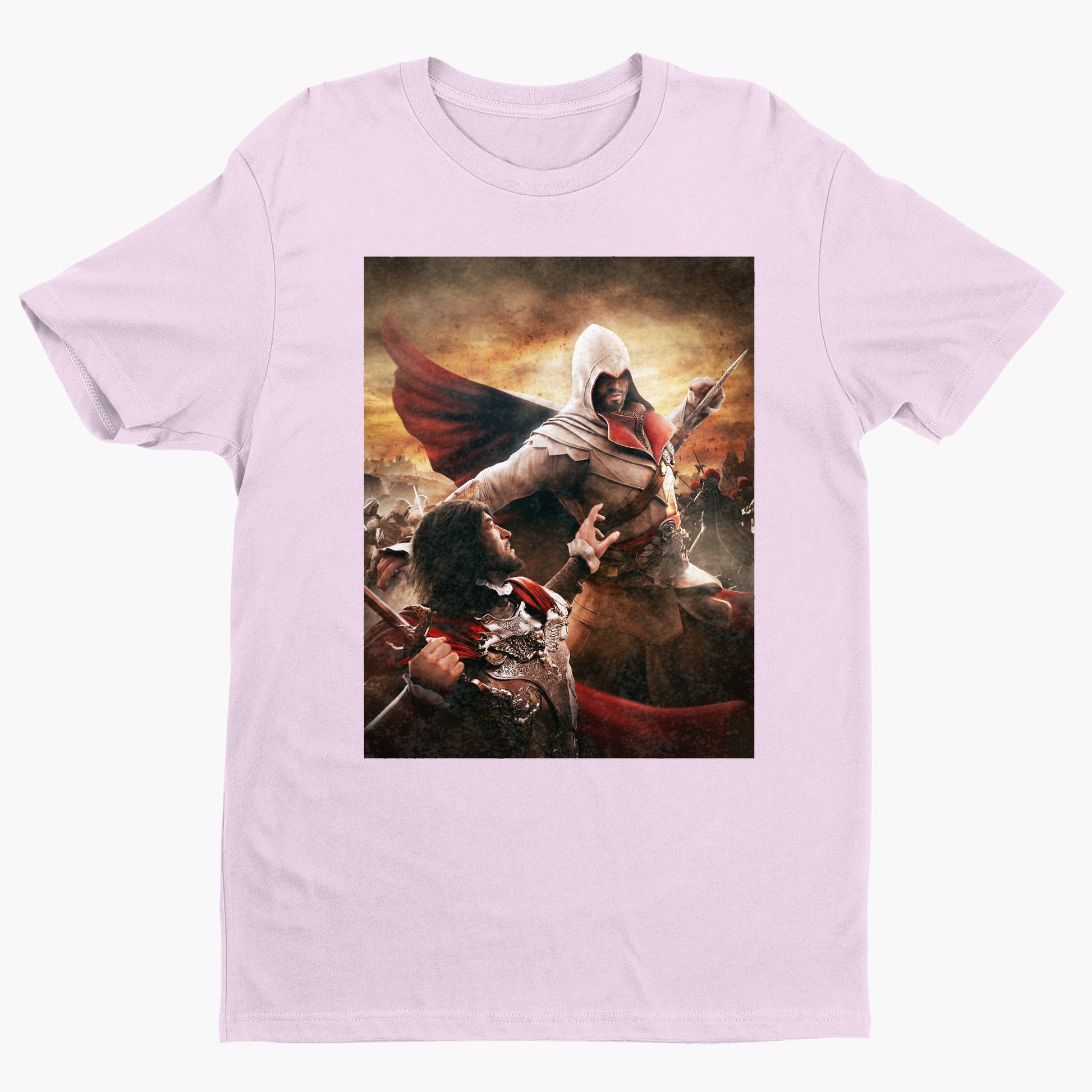 Assassin's Creed Brotherhood Ezio vs Cesare Borgia tee - light pink unisex t-shirt, front view